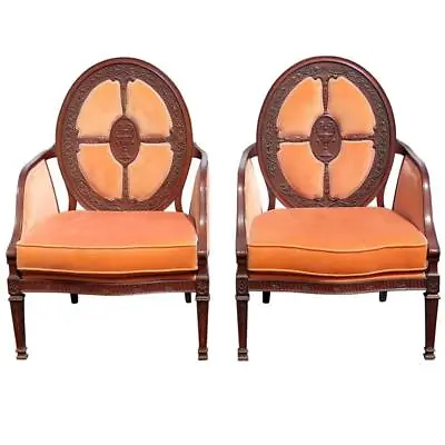 Best Carved English Georgian Mahogany Cameo Back Upholstered Arm Dining Chairs • $1219.50