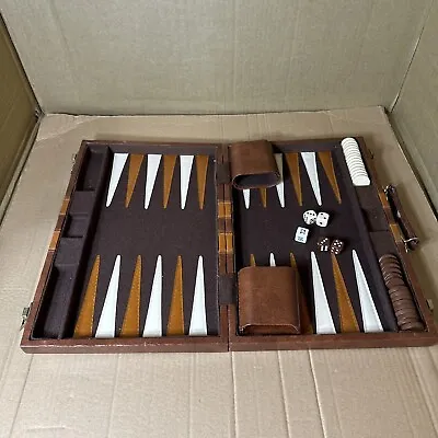 Vintage Backgammon Set Game Faux Leather Case Handle 14.5 By 9.5” Brown Retro • $29.99