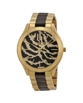 Michael Kors Slim Runway Zebra Crystal Pave Gold Tone Black Ladies Watch MK3315 • $245