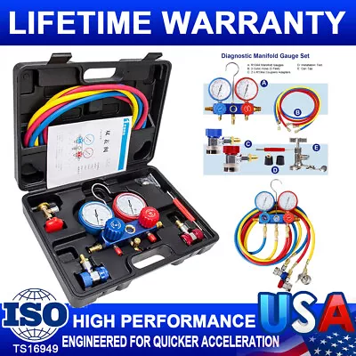 A/C HVAC 3 Way Refrigerant Manifold Vacuum Gauge Set 5 FT Colored  Hose W/ Case • $49.59