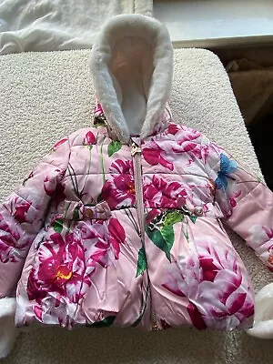 TED BAKER BABY GIRL PINK FLORAL WINTER COAT + MITTENS FUR TRIM HOOD 9-12m EUC • £20