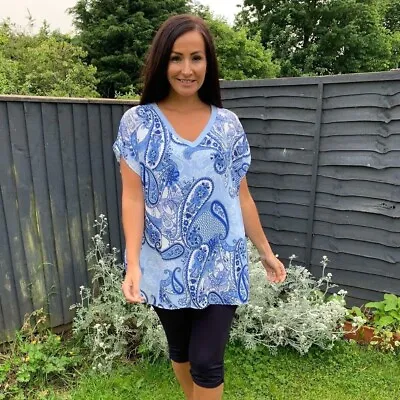 Tilletts V Neck Lace Paisley Floral Top T Shirt Blouse 16-20 Lined Summer Blue • £4.99