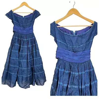 DISTRESSED Vintage 1950’s Navy Blue A-Line Tea Length Dress Metal Zipper • $34.99