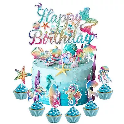 13 Pieces Mermaid Cake Topper Happy Birthday Cake Topper Mermaid Party Cake D... • $20.62