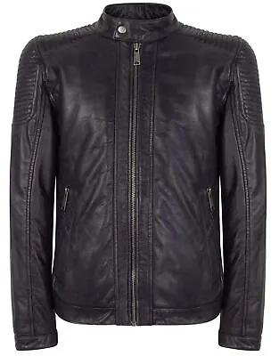 Mens Slim Fit Vintage Navy Washed Real Leather Jacket Nehru Grandad Collar Biker • £142.99