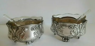 A Pair Of Antique Art Nouveau French .950 Silver Salts W/ Matched Spoons • £139.99