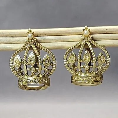 Vintage Rhinestones & Faux Pearl Royal Crown Gold-tone Clip-on Earrings Studs • $25