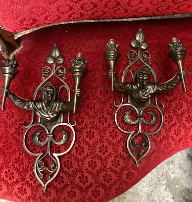 ARRIVES JULY 2024: Antique French Gothic 18  Pair Of Jester Sconces In Bronze • $2475