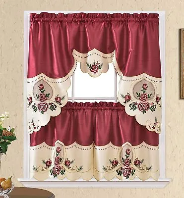 Embroidery Kitchen Curtain 3PC Set Swag And 34 Inches Long Tiers Set • $21.60
