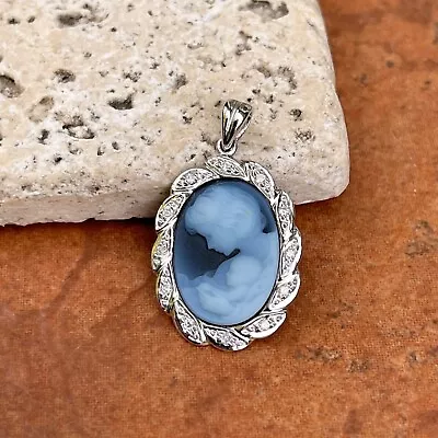 14KT White Gold Mother & Baby Blue Framed Diamond Cameo Oval Pendant 32mm • $399.99