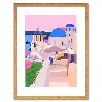 £33.99 • Buy Santorini Greece Buildings Illustration Framed Wall Art Print 12X16 In