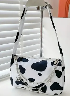 Animal Cow Print Black And White Shoulder Bag With Silver Butterfly Chain • £15