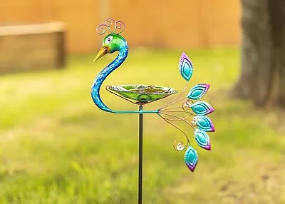 Peacock Glass Bird Bath Feeder With Stake Colourful Hand Painted Exotic Decor • £16.99
