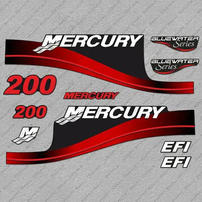 Mercury 200hp EFI BlueWater Series Outboard Engine Decals RED Sticker Set • $55.79
