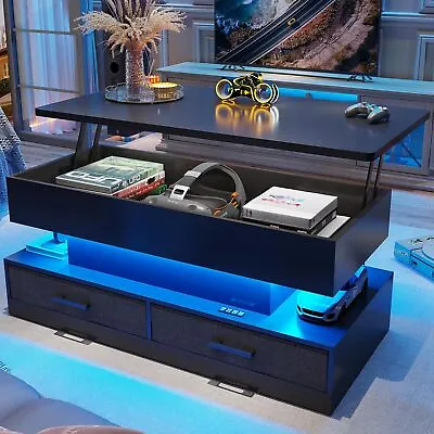 40  Lift Top Coffee Table With 2 Storage Fabric Drawer LED Light For Living Room • $139