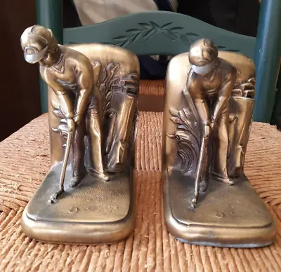 Pair Heavy Brass Golfer Putting Figural Bookends Sarsaparilla Made In USA • $39