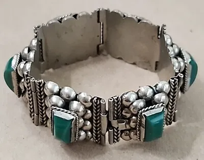 VTG Silver Mexico Green Onyx 6 Panel Link Bracelet 7  • $31