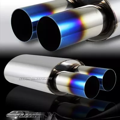 3  Dual Blue Burnt Tip T-304 Stainless 2.5  Inlet Muffler Exhaust Universal • $50.99