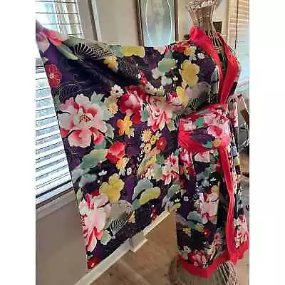 Floral Japanese Kimono Handmade With Hand Painted Obi Belt • $49