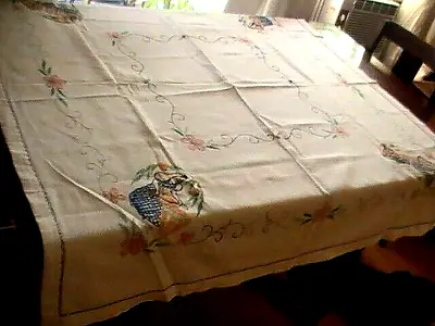 GORGEOUS! Antique Linen Embroidered Mexican People Floral Tablecloth  48  By 48  • $76