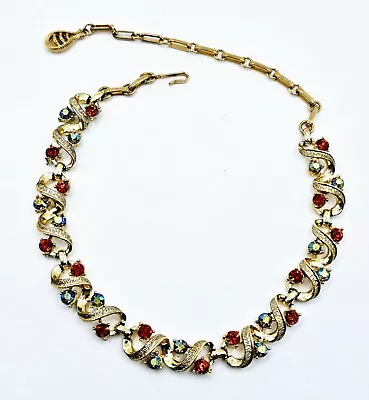 Vintage Signed Coro Necklace Goldtone Rhodium Plated Orange Blue AB Rhinestones • $25