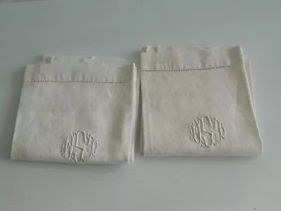 PAIR  White Linen Hemstitched Hand Towels Embroidered Monogrammed #LSM# DAMASK • $24.99