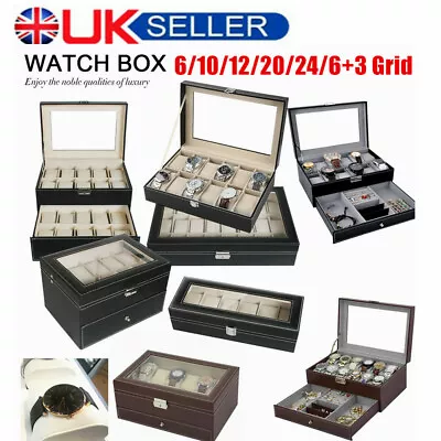 6-24 Faux Leather Watch Display Case Collection Storage Holder Box Ladies&Gents • £8.99