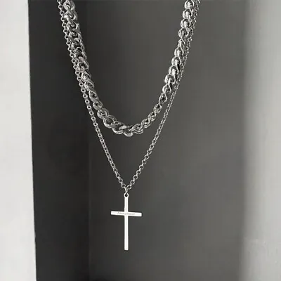 Titanium Steel Layered Cross Pendant Necklace For Men WomenCross Necklace • $14.99