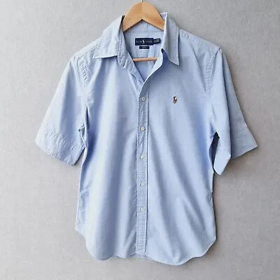 $35 • Buy Ralph Lauren Womens Cotton Short Sleeve Shirt Size M Medium Blue Oxford Office