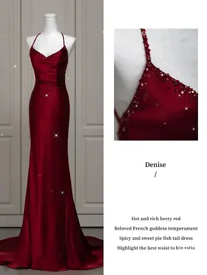 Wine Red Prom Dress V-neck Ribbon Spaghetti Strap Beading Mermaid Zipper Gowns • $108.50