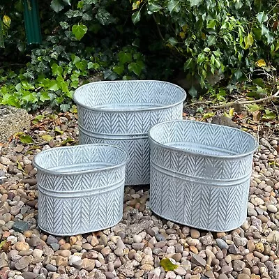 Galvanised Metal Planters Set Of 3 Oval Outdoor Garden Ornaments Plant Pots Gift • £43