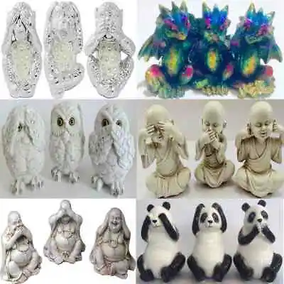 Silver 3 Wise Monkey Monk Panda Buddha Owl See Hear Speak Figurine Ornament Deco • £14.99