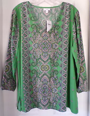 Nwt New Spring J. Jill Size Large Placed Paisley Top Garden Green Multi $89.00 • $27.75