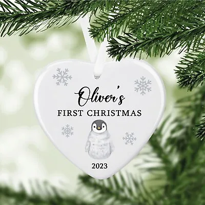 Personalised Baby First Christmas Penguin Ceramic Hanging Bauble Decoration Gift • £9.99