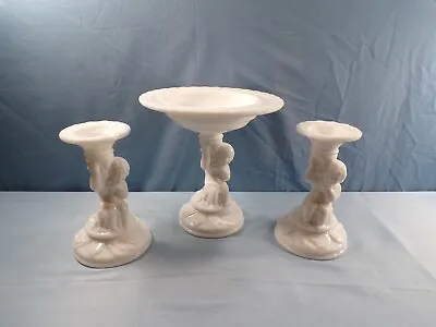 Imperial Milk Glass Cherubs Console Set Candlesticks & Compote Footed Bowl • $29.99