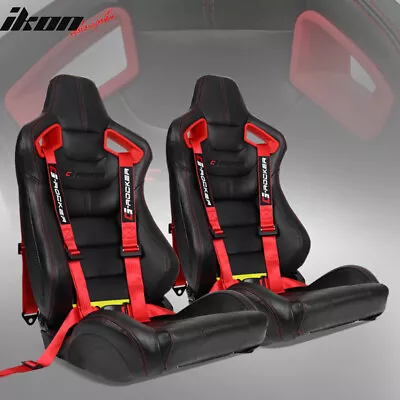 Universal Adjustable Racing Seat PU Carbon Red Bezel &Dual Slider Buckle Belt X2 • $390.99