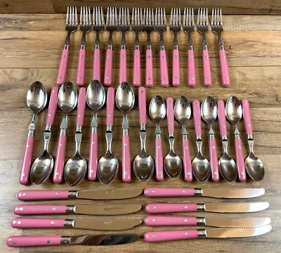 Vintage Interpur Stainless Pink Handle Flatware Set 36 Pc Service For 8 MCM • $49.97