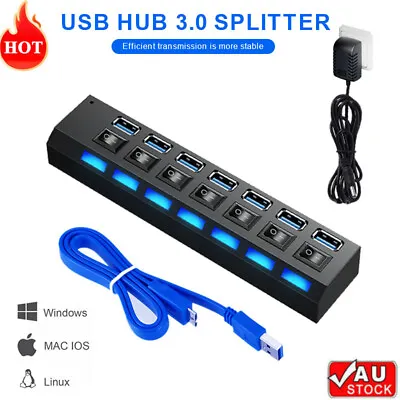 $16.89 • Buy AU 7 Port High Speed Multi USB Hub USB 3.0+ AC Adapter Power Supply And Switches