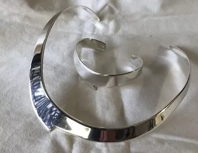 Alpaca Silver (nickel) Made Mexico Modernist Collar Necklace & Cuff Bracelet Set • $27.50