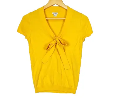 J Crew Short Sleeve Sweater Women XS Yellow Bow V-Neck Pullover Knit Top Preppy • $11.68