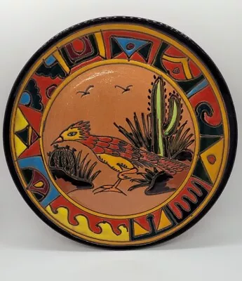 Vintage Red Talavera Mexico Folk Art Pottery Plate Roadrunner Saguaro Cactus 11  • $22