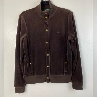 Lauren Ralph Lauren Velour Jacket  Womens Size Medium Brown Y2K Snap MockNeck • £33.75