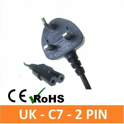 £4.95 • Buy Power Cord UK 3 Pin Plug To C7 Figure 8 Power Lead For Apple Samsung TV UK Mains