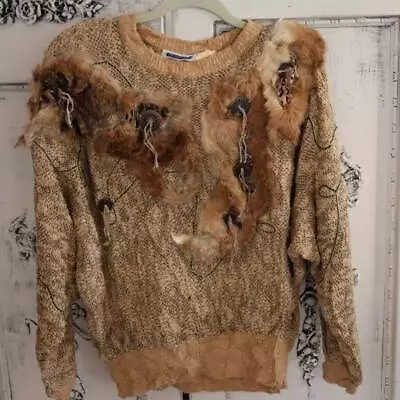 Vintage Mariea Kim Sweater Fur Accents Womens S/M Brown • $21.99