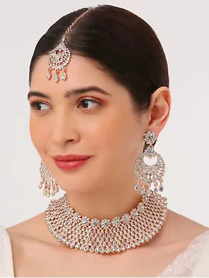 Ethnic Necklace Indian Jewelry AD Set Rose Gold Plated Earrings Bollywood Bridal • $23.16