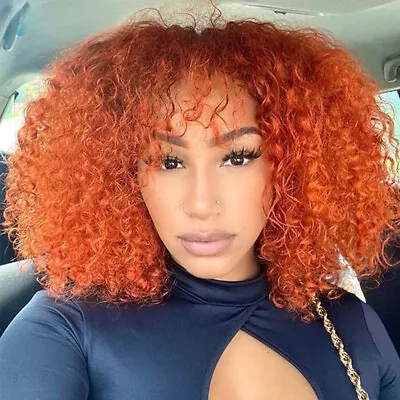 Colored Short Kinky Curly Bob Human Hair Bangs Wig Women Hair Ombre Wavy Wigs US • $35.24