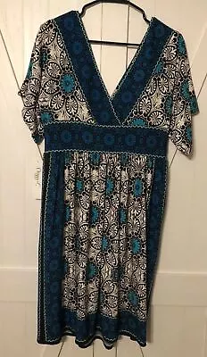 Maggy L Dress Womens Size 14 Short Sleeve V-Neck Polyester Blend Blue Black NWT • $24.99