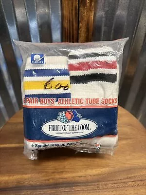 Vintage 1992 Fruit Of The Loom 3 Stripe Tube Socks 6 Pair Boys Made In USA New • $16.39