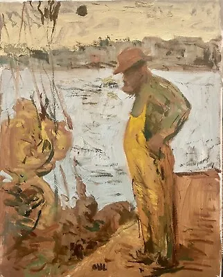 Gloucester Mass WPA Style Nautical Figure Dock Oil Painting Original Signed • $600