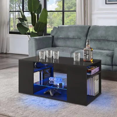 $132.99 • Buy LED Lights Coffee Tables Living Room 3 Shelves Open Glass Storage High Glossy 